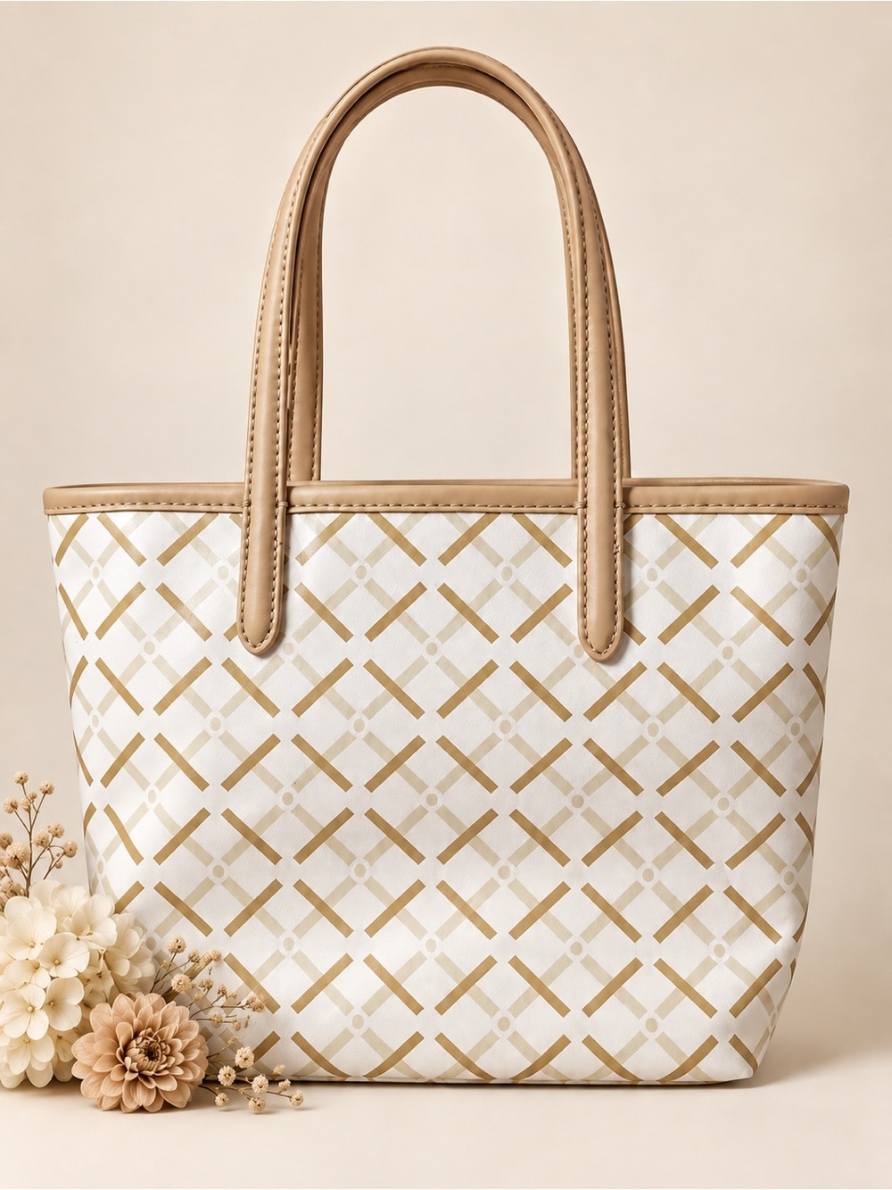 a new day White & Tan Geometric Print Tote